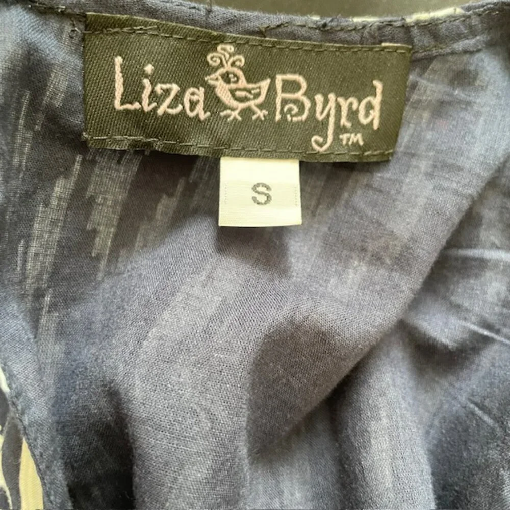 Liza Byrd Tiered Ruffled Cotton Block Print Maxi Dress Blue & White Small